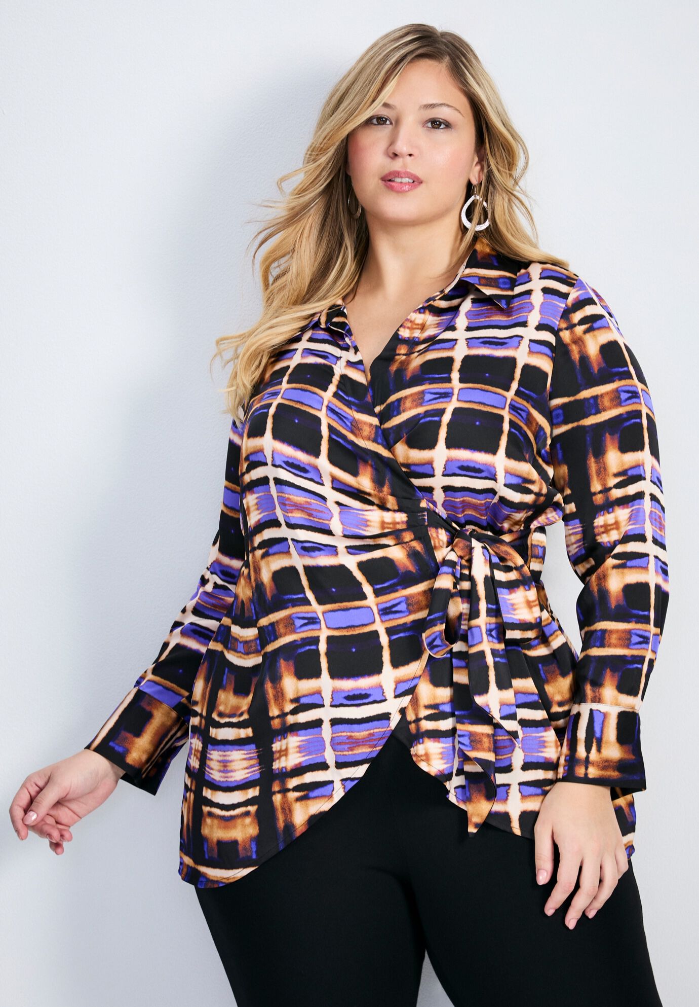 Goldi Satin Wrap Blouse, ABSTRACT BURNOUT, hi-res image number 0