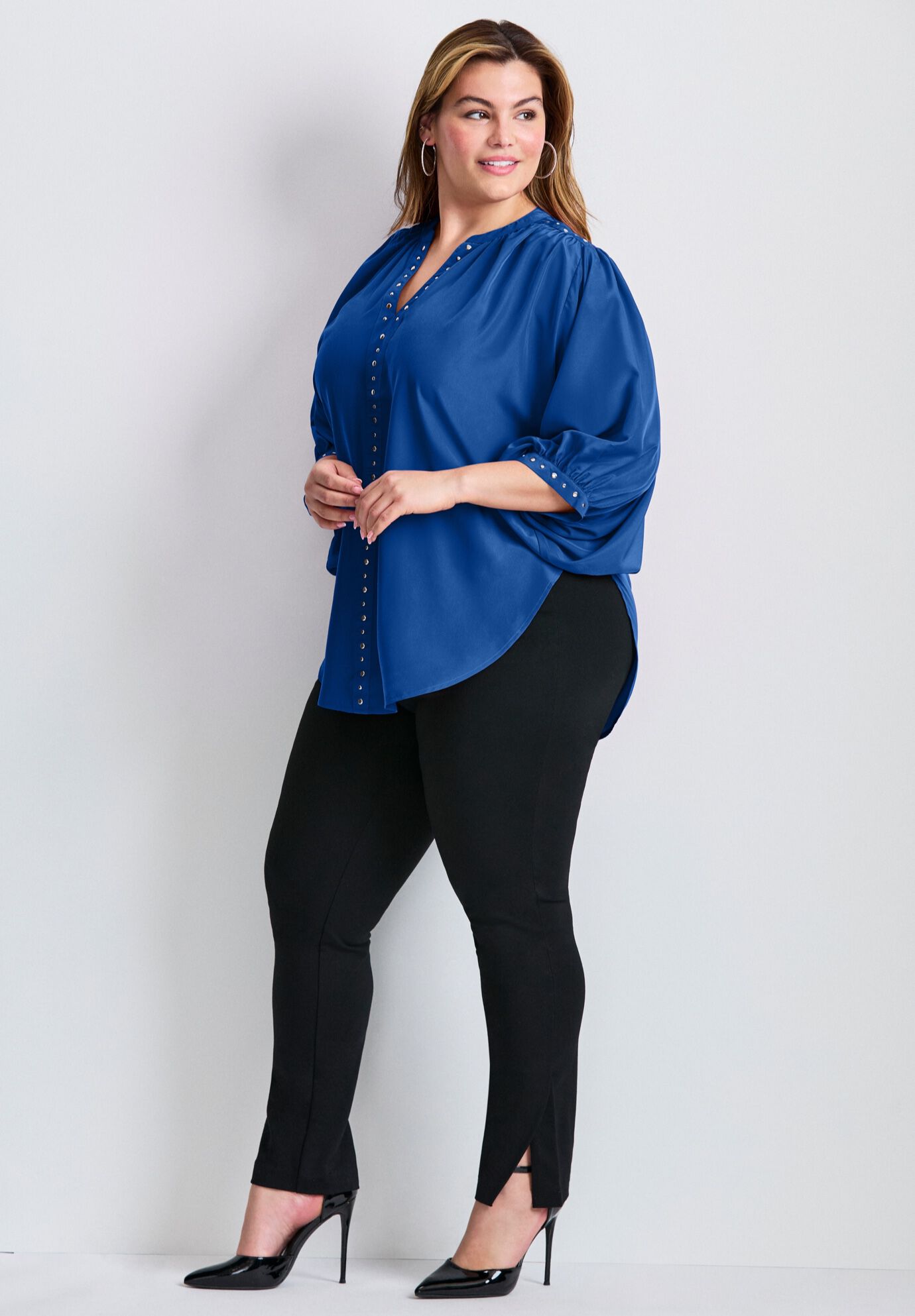 Studded Blouson Sleeve Blouse, DARK SAPPHIRE, alternate image number 3