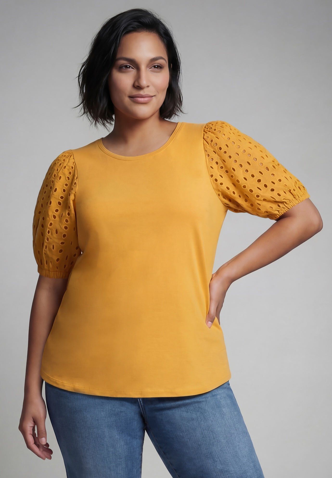 Eyelet Sleeve Tee, SUNSET YELLOW, hi-res image number 0