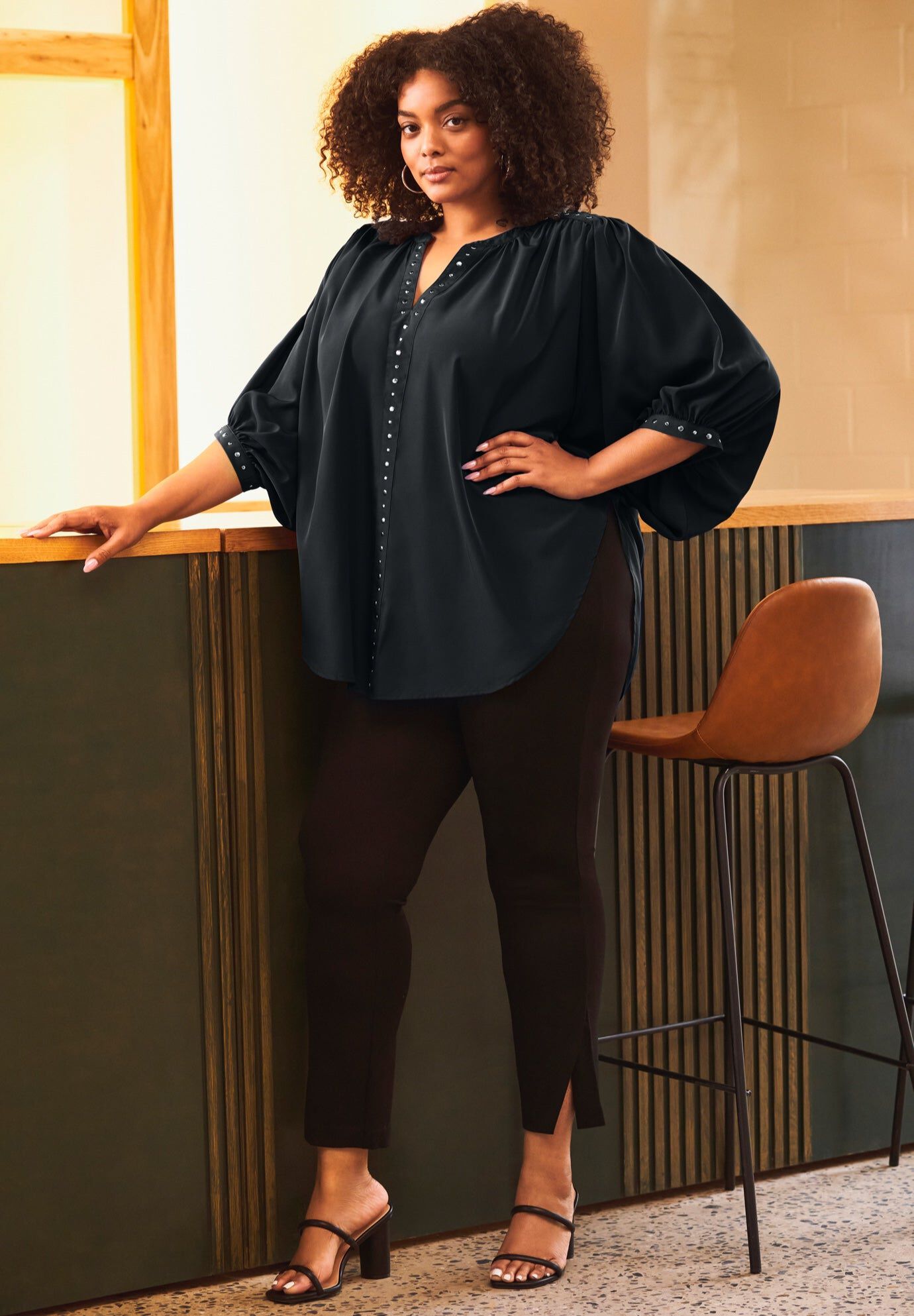 Studded Blouson Sleeve Blouse, BLACK, hi-res image number 0