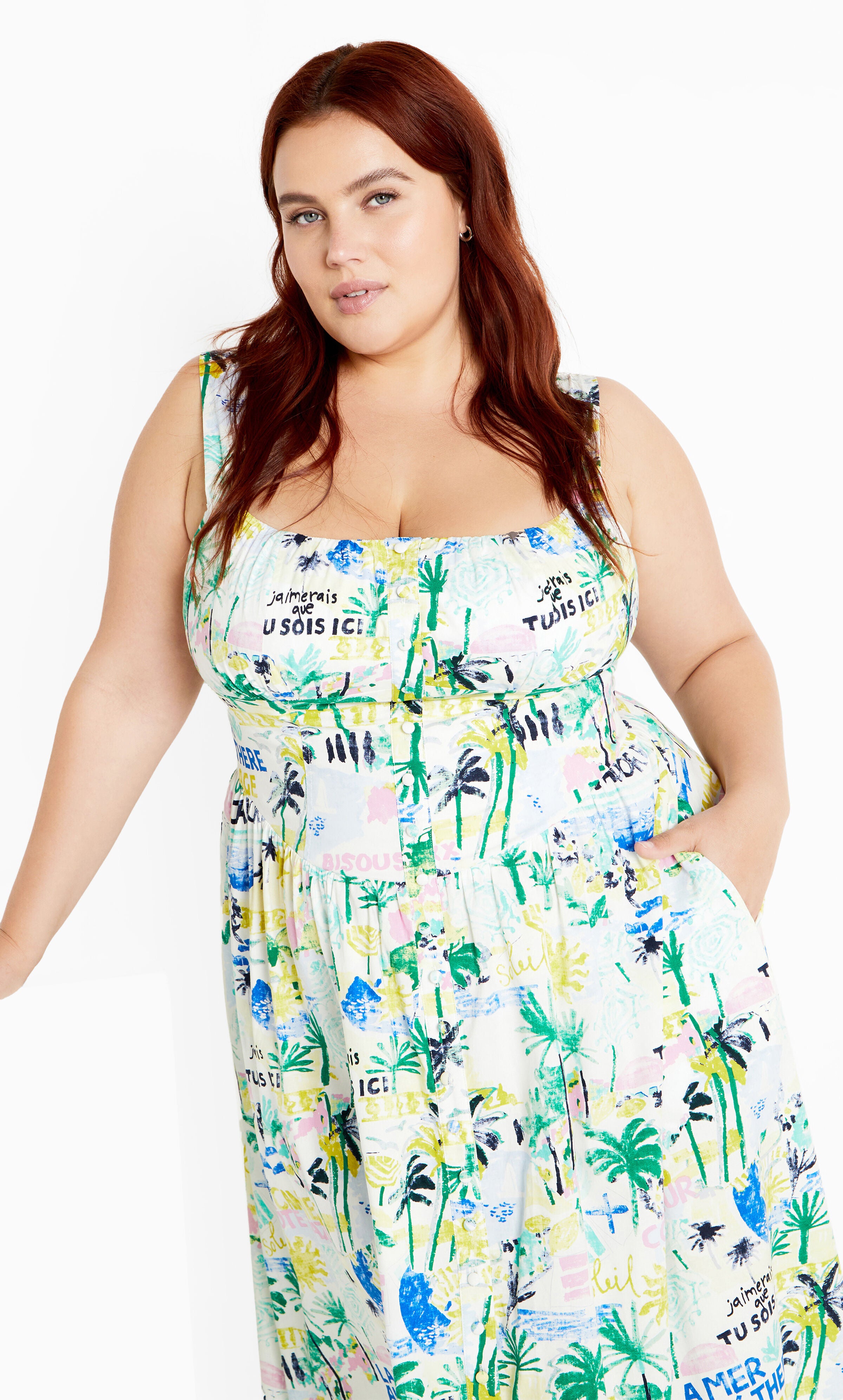 Postcards Print Cotton Dress - white, GREEN, alternate image number 1