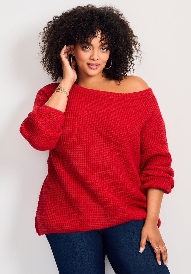 Waffle Stitch Pullover Sweater, VIBRANT RED, alternate image number 5