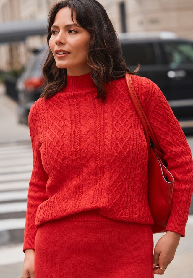 Mock Neck Cable Sweater, BLACK, alternate image number 2