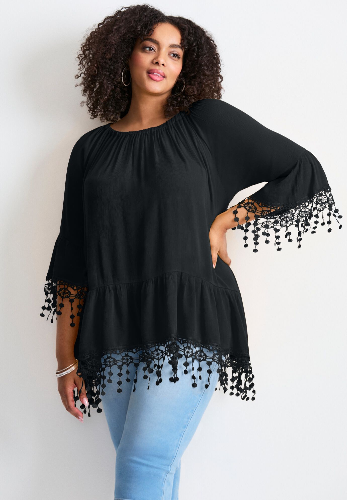  Crochet Fringe Trim Tunic, BLACK, on-hover image number 1
