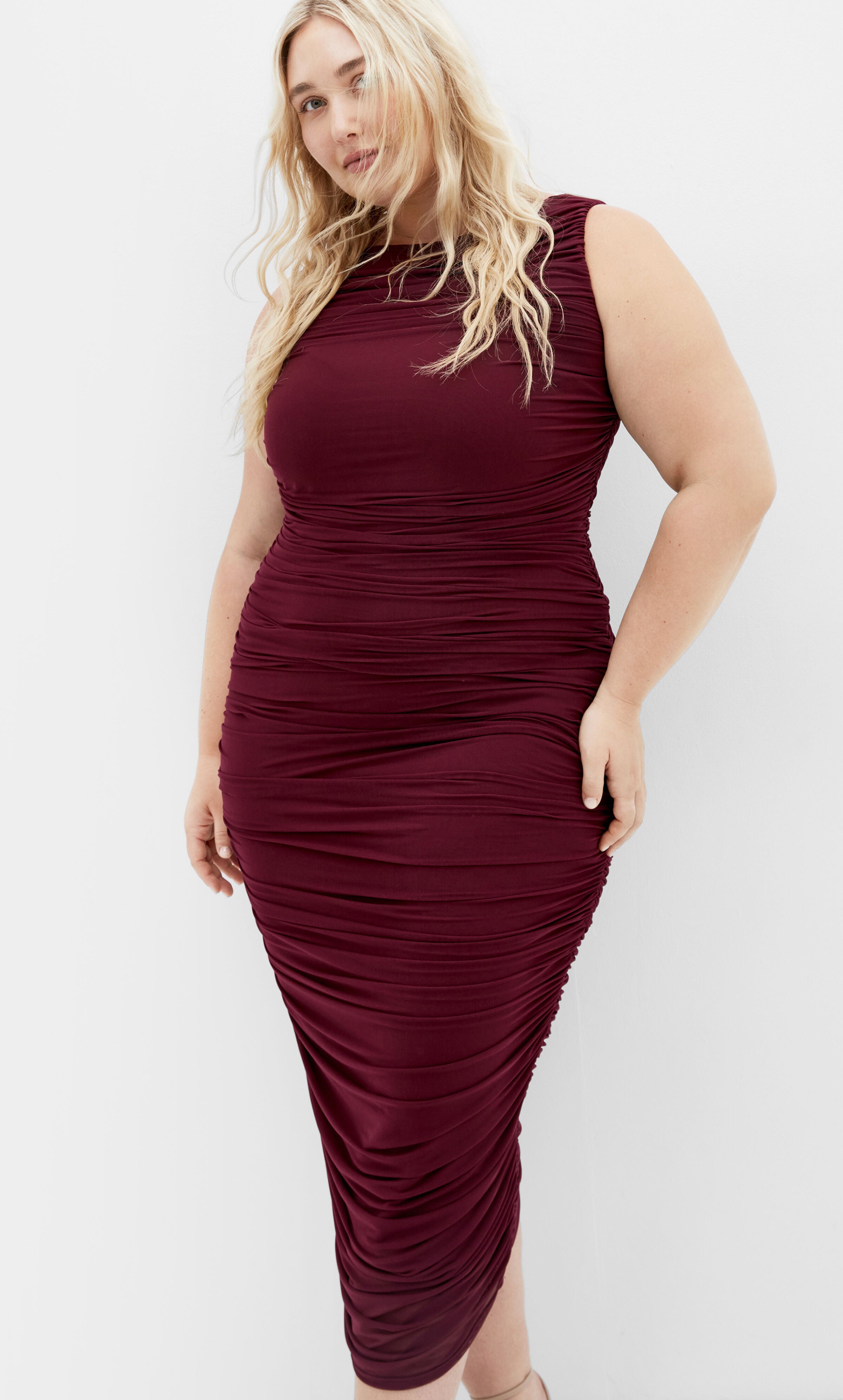 Halo Ruched Midi Dress - dark cherry, RED, alternate image number 3