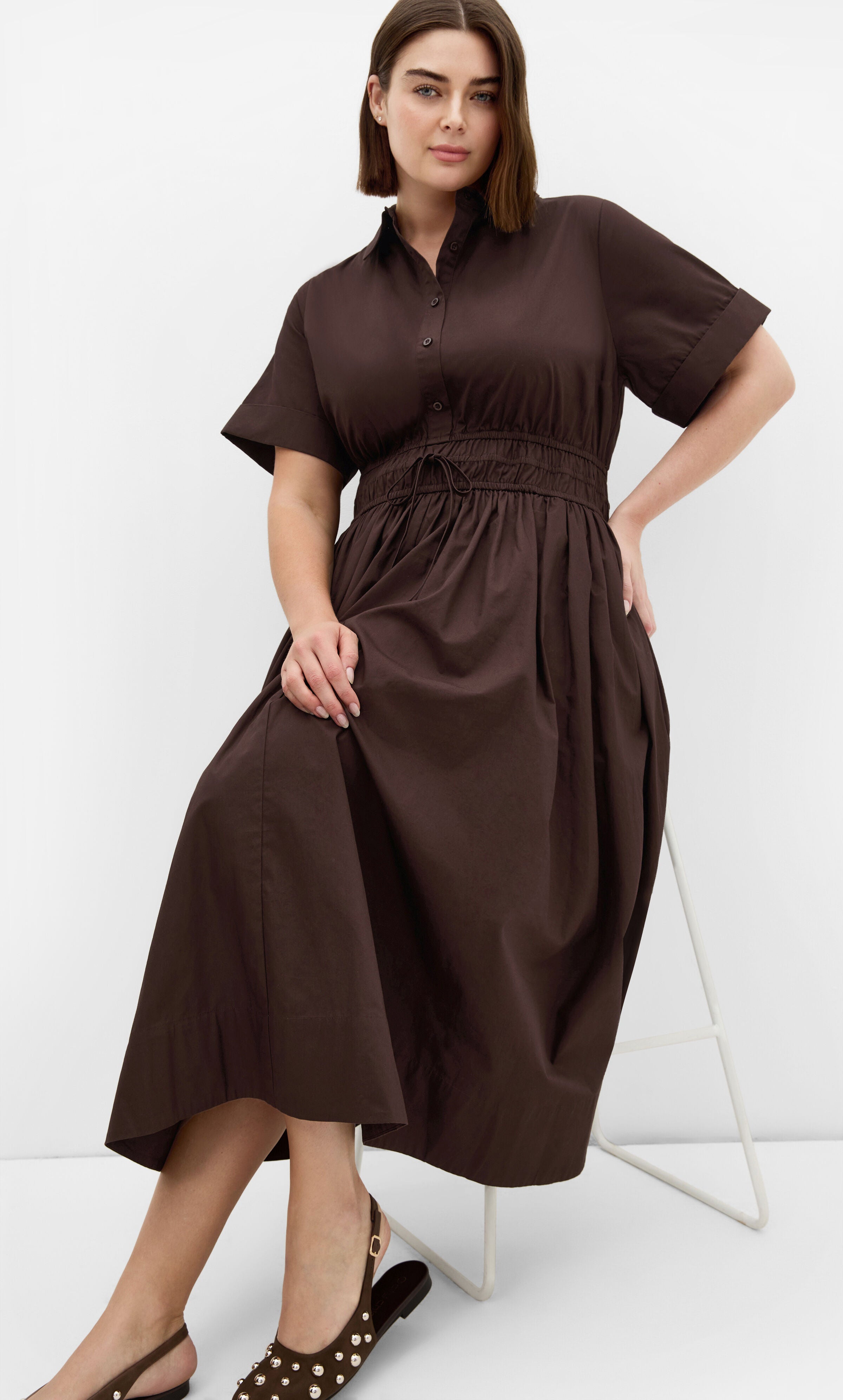 Lana Midi Shirt Dress, BROWN, on-hover image number 1