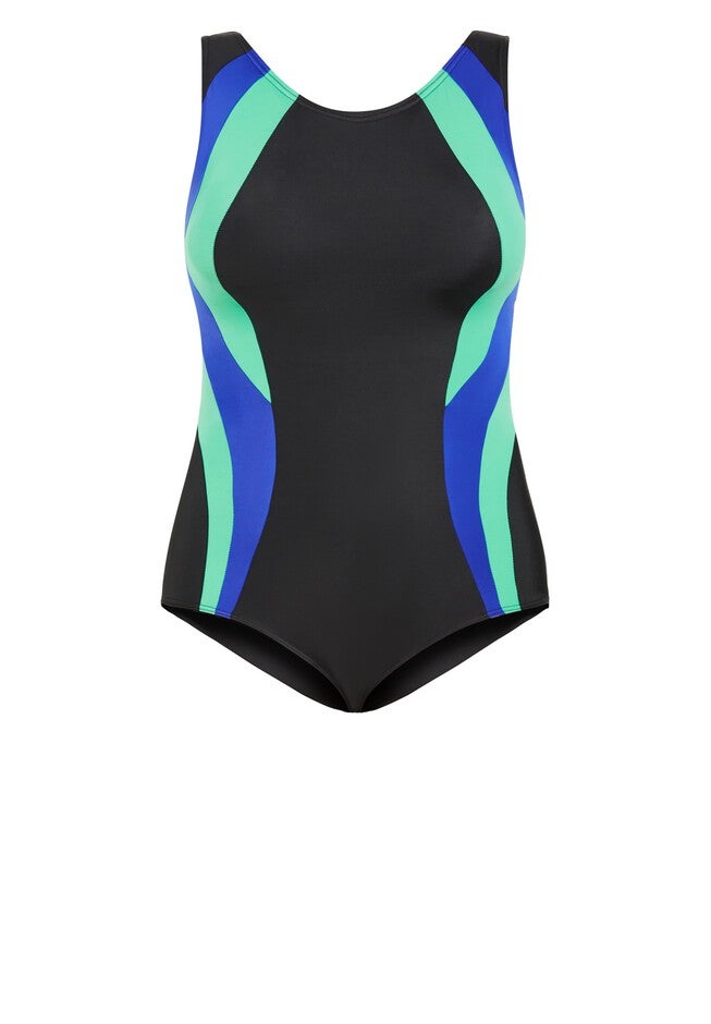 Lara Color Block 1-Piece Swimsuit, BLACK, alternate image number null