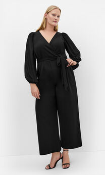 Sheer Sleeve Wide Leg Jumpsuit  - black