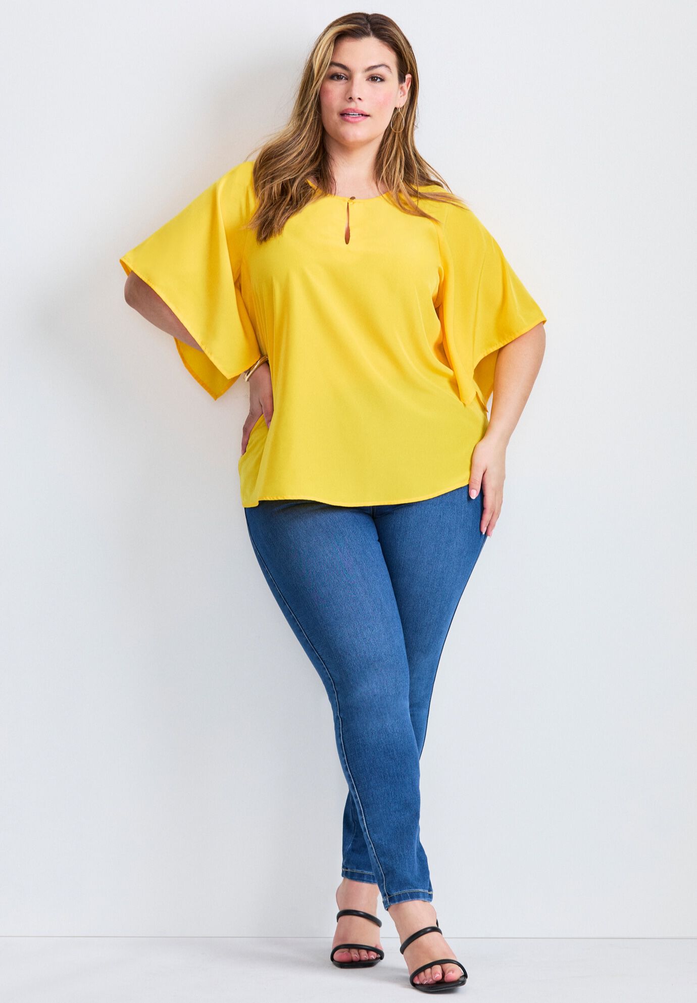 Flutter Sleeve Keyhole Blouse, SUNSET YELLOW, alternate image number 5