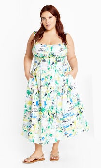 Postcards Print Cotton Dress - white