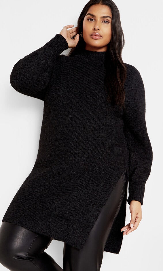 Longline Split Sweater - black, BLACK, hi-res image number 0