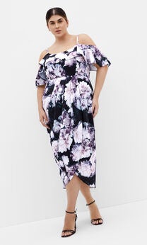 Floral Drape Midi Dress - charcoal