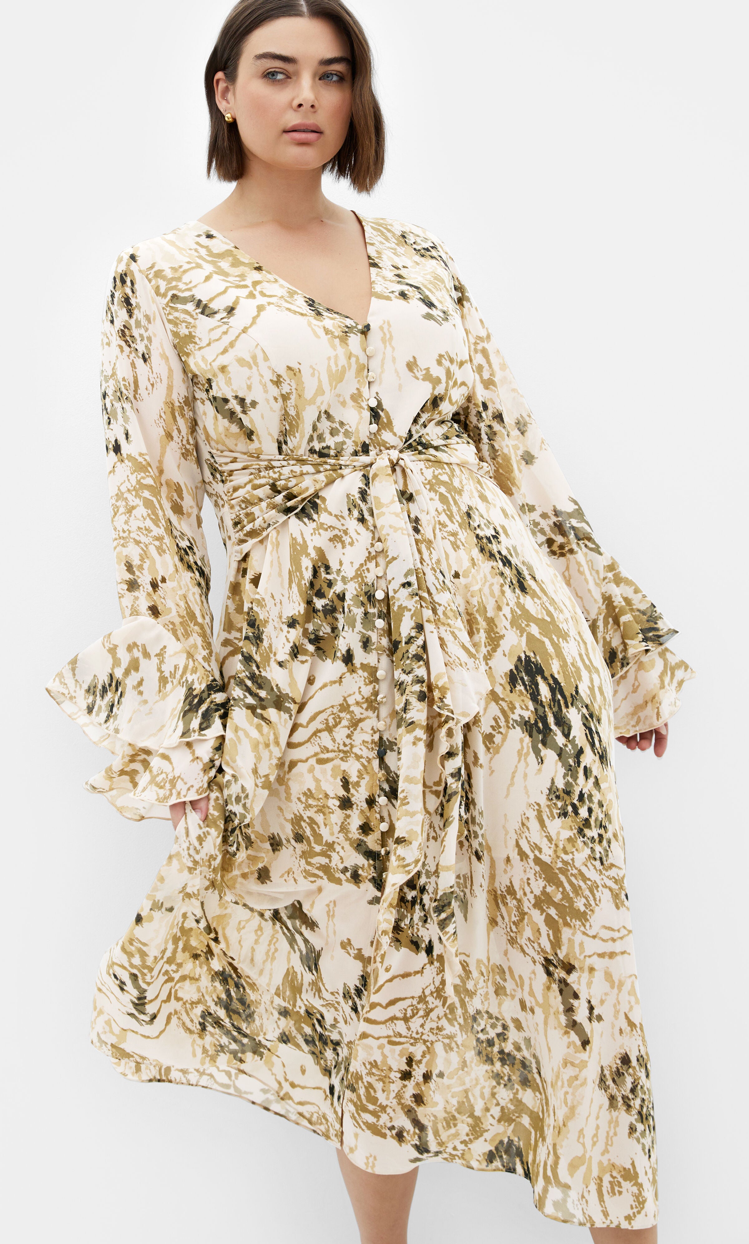 Plunge Frill Print Maxi Dress - natural, BEIGE, hi-res image number 0