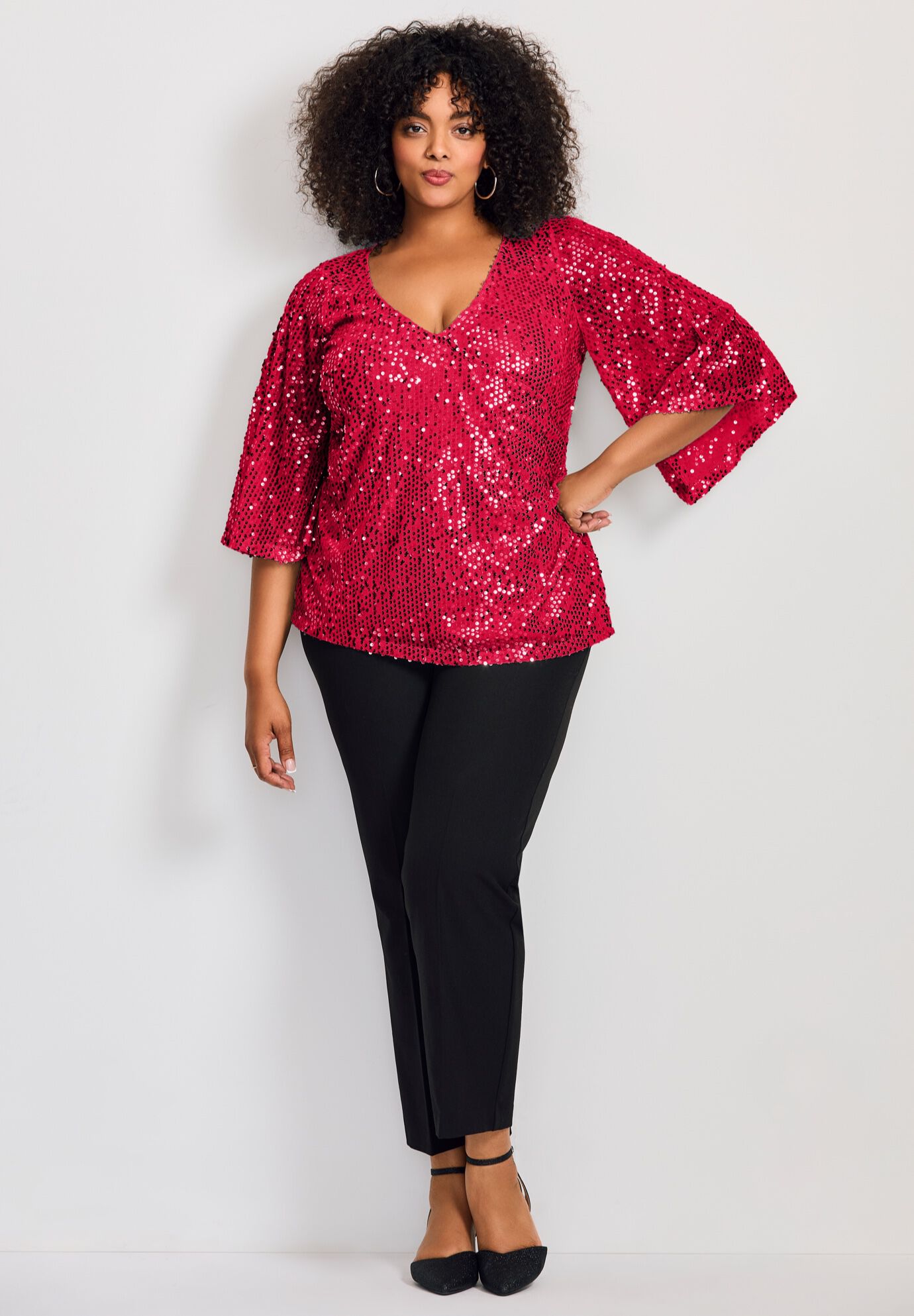 Faux Wrap Sequin Top, VIBRANT RED SEQUIN, on-hover image number 1