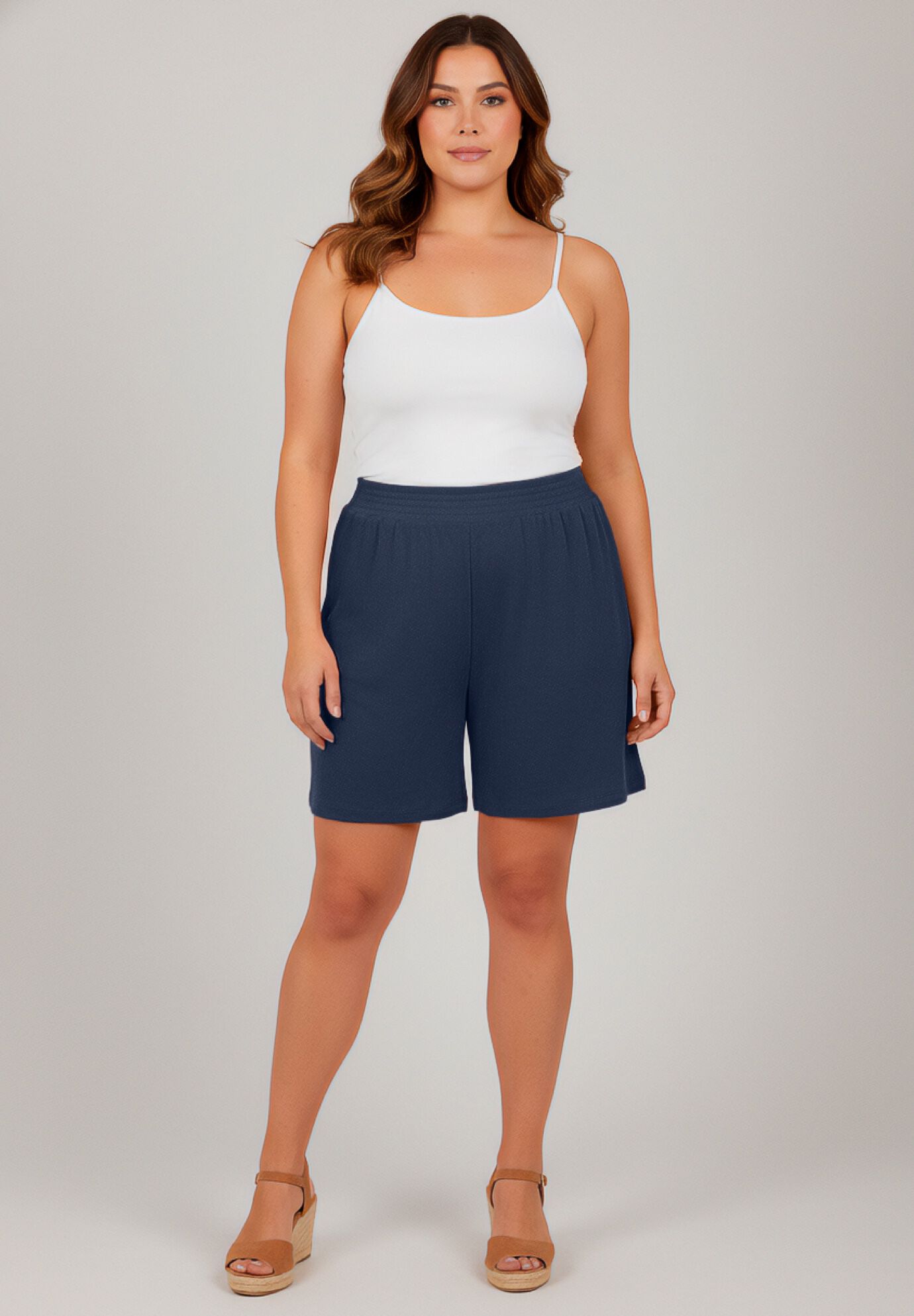 Knit Gauze Smocked Shorts, NAVY, on-hover image number 1