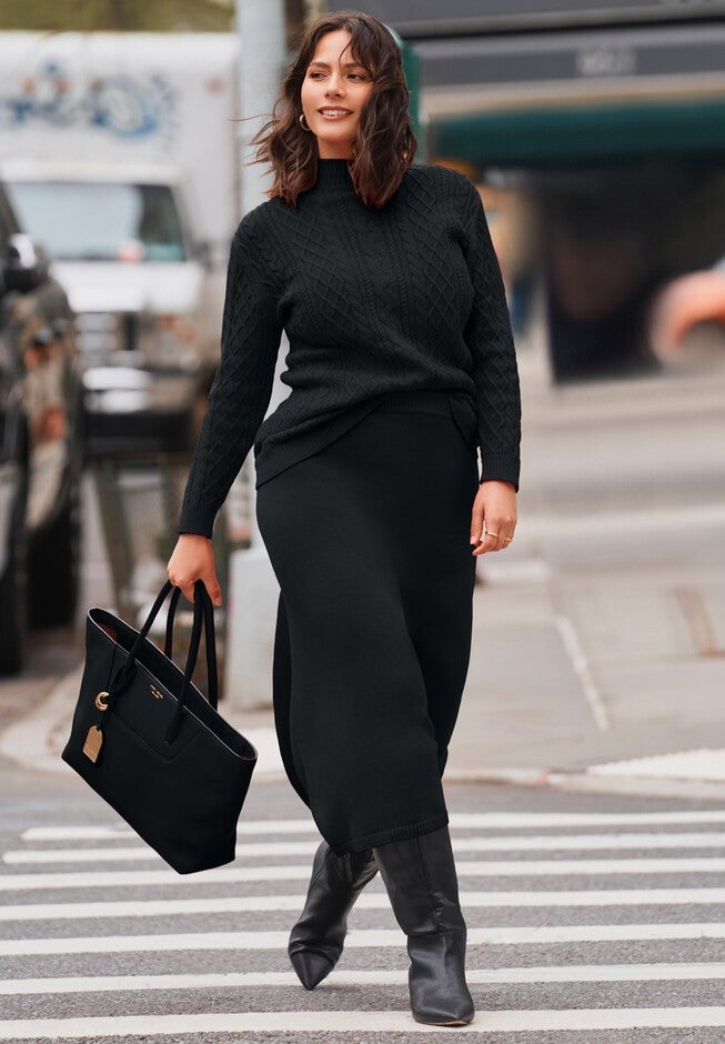 Mock Neck Cable Sweater, BLACK, hi-res image number 0