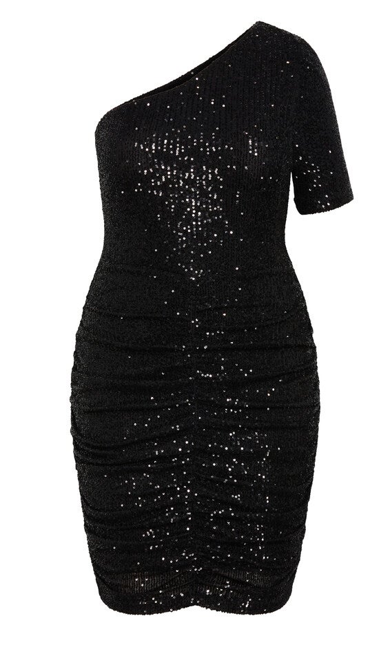 Angelina Asymmetrical Neck Ruched Dress - black, BLACK, alternate image number 4