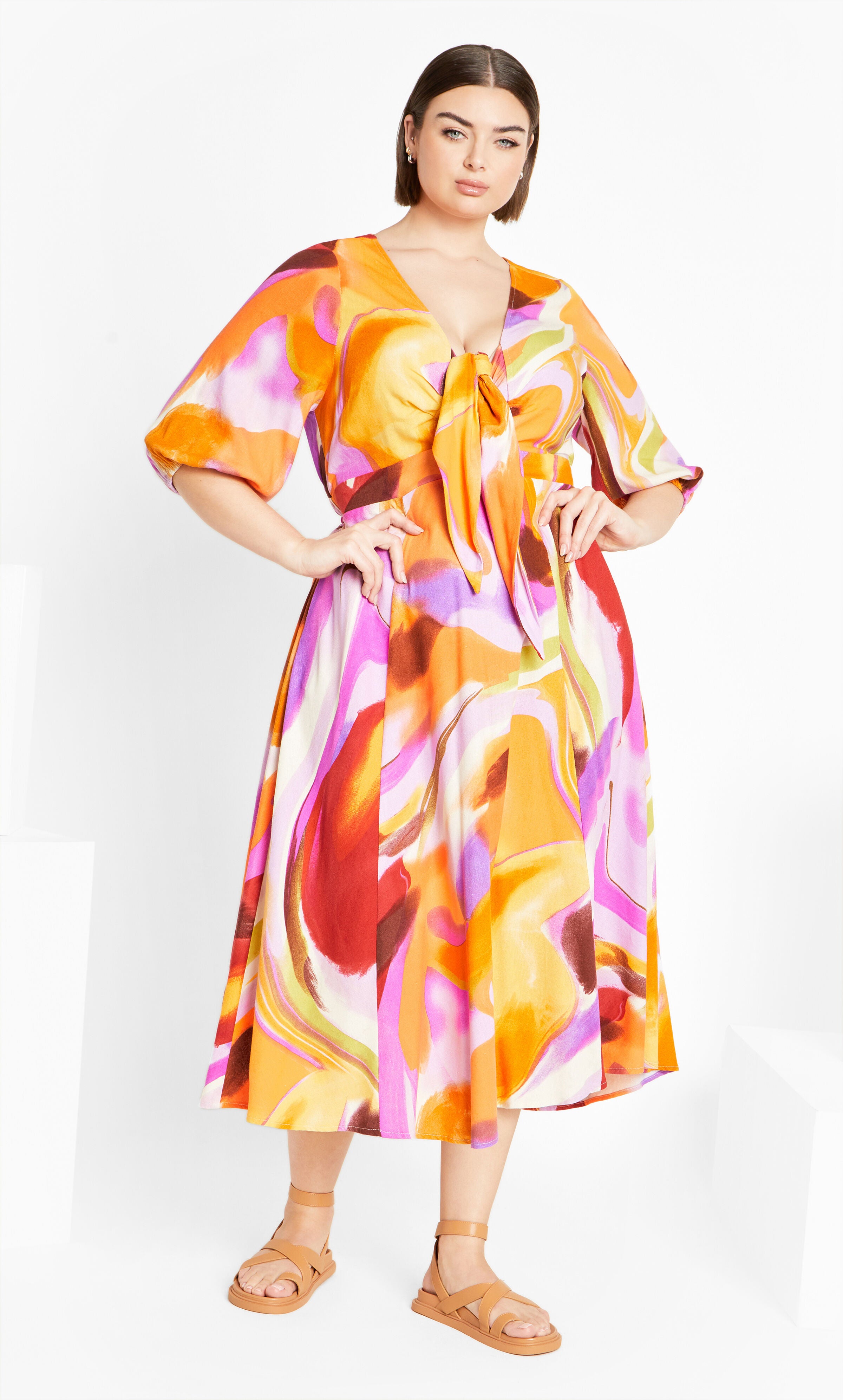 Swirl Tie Print Dress - yellow, PURPLE, alternate image number 1