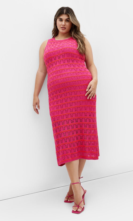 Crochet Stripe Dress - pink, PINK, alternate image number null