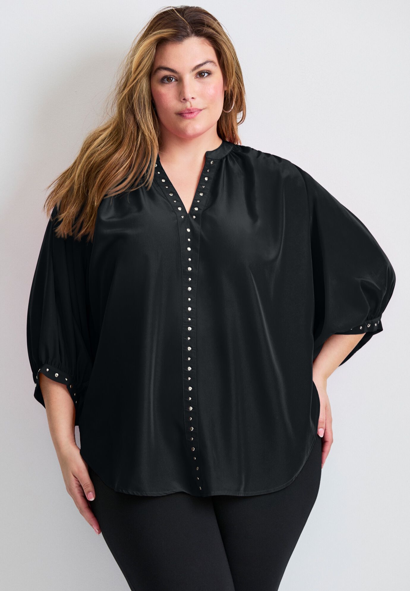 Studded Blouson Sleeve Blouse, BLACK, on-hover image number 1