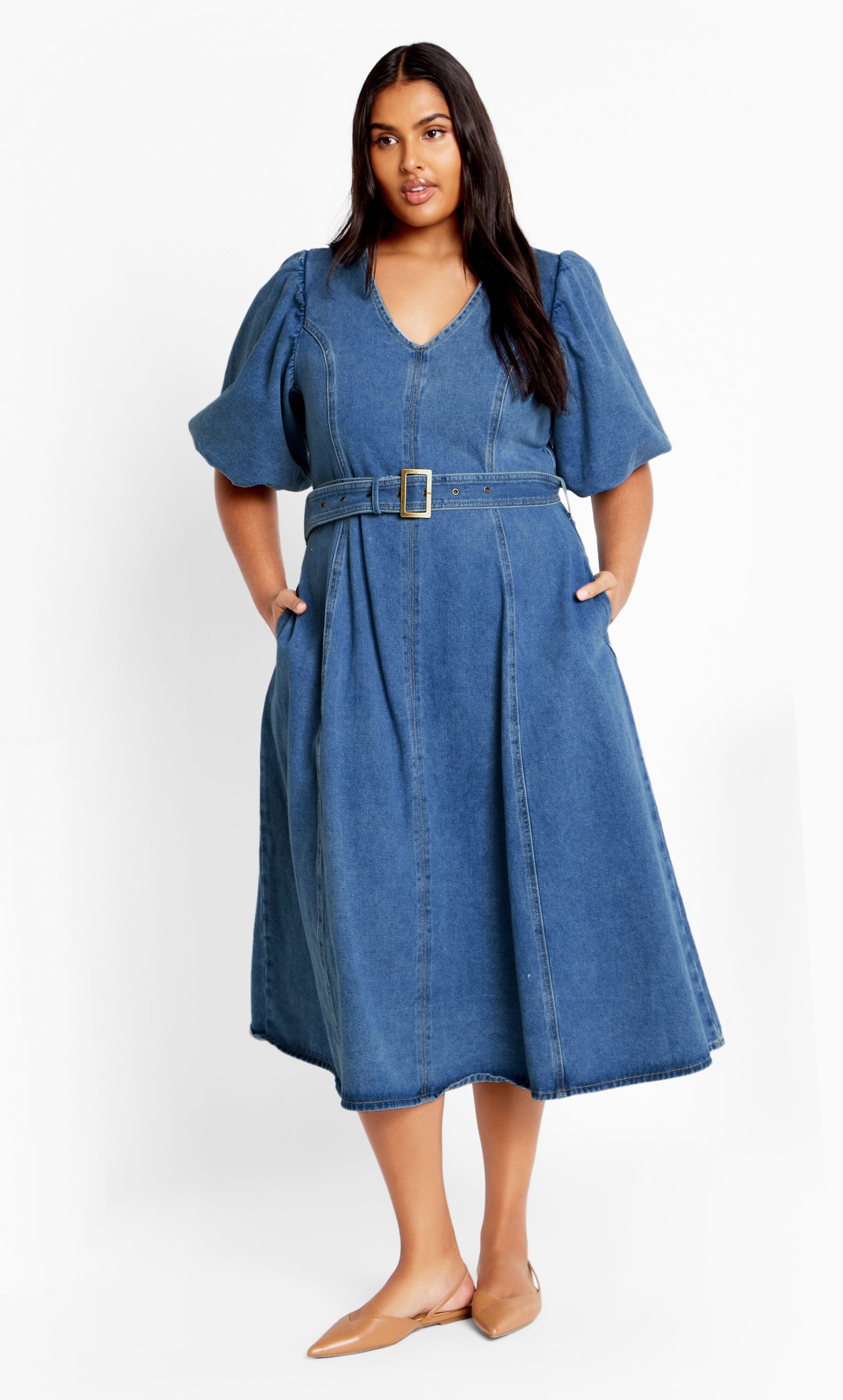 Denim Delilah Dress - mid wash, BLUE, hi-res image number 0