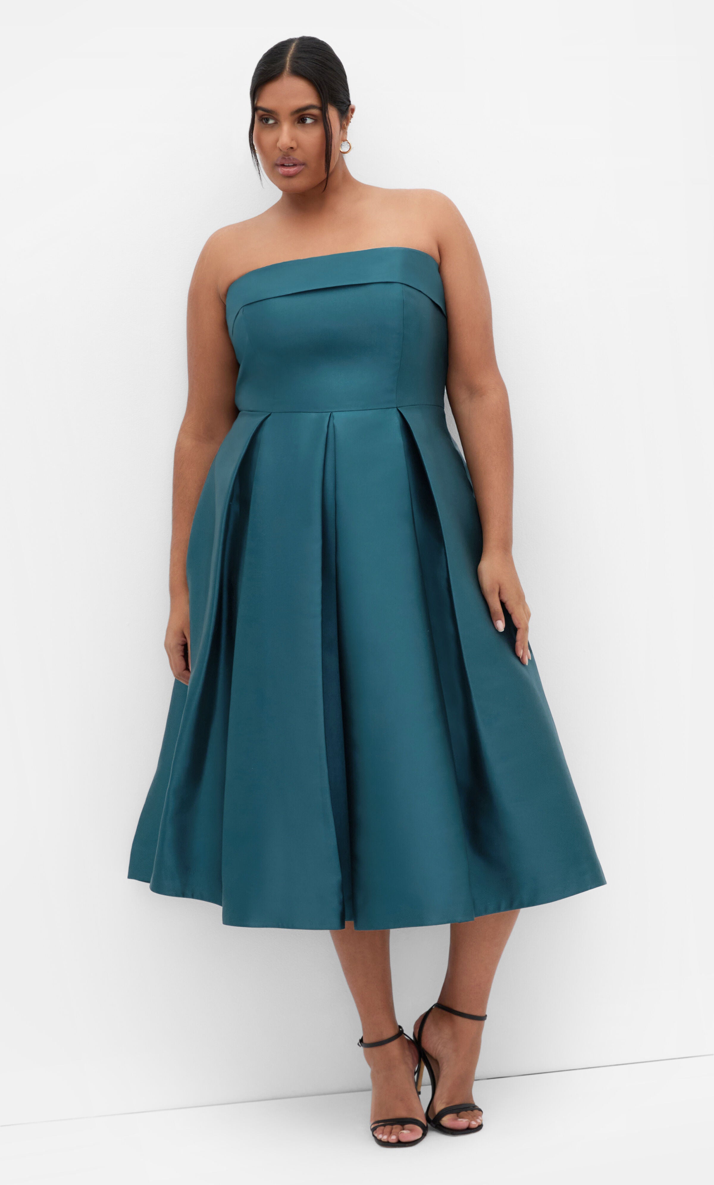 Tiffany Strapless Midi Dress - deep teal, GREEN, hi-res image number 0