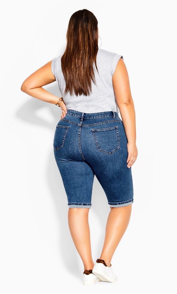 Turn Up Distressed Detail Knee Length Short - mid denim, BLUE, alternate image number 4