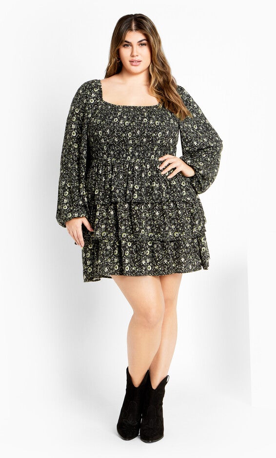 Dahlia Print Mini Dress - olive ditsy, GREEN, hi-res image number 0