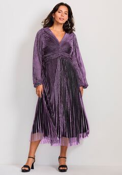 Pleated Plisse Blouson Sleeve Dress