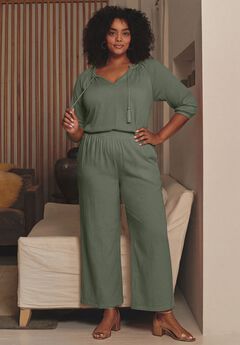 Knit Gauze Smocked Wide-Leg Pants