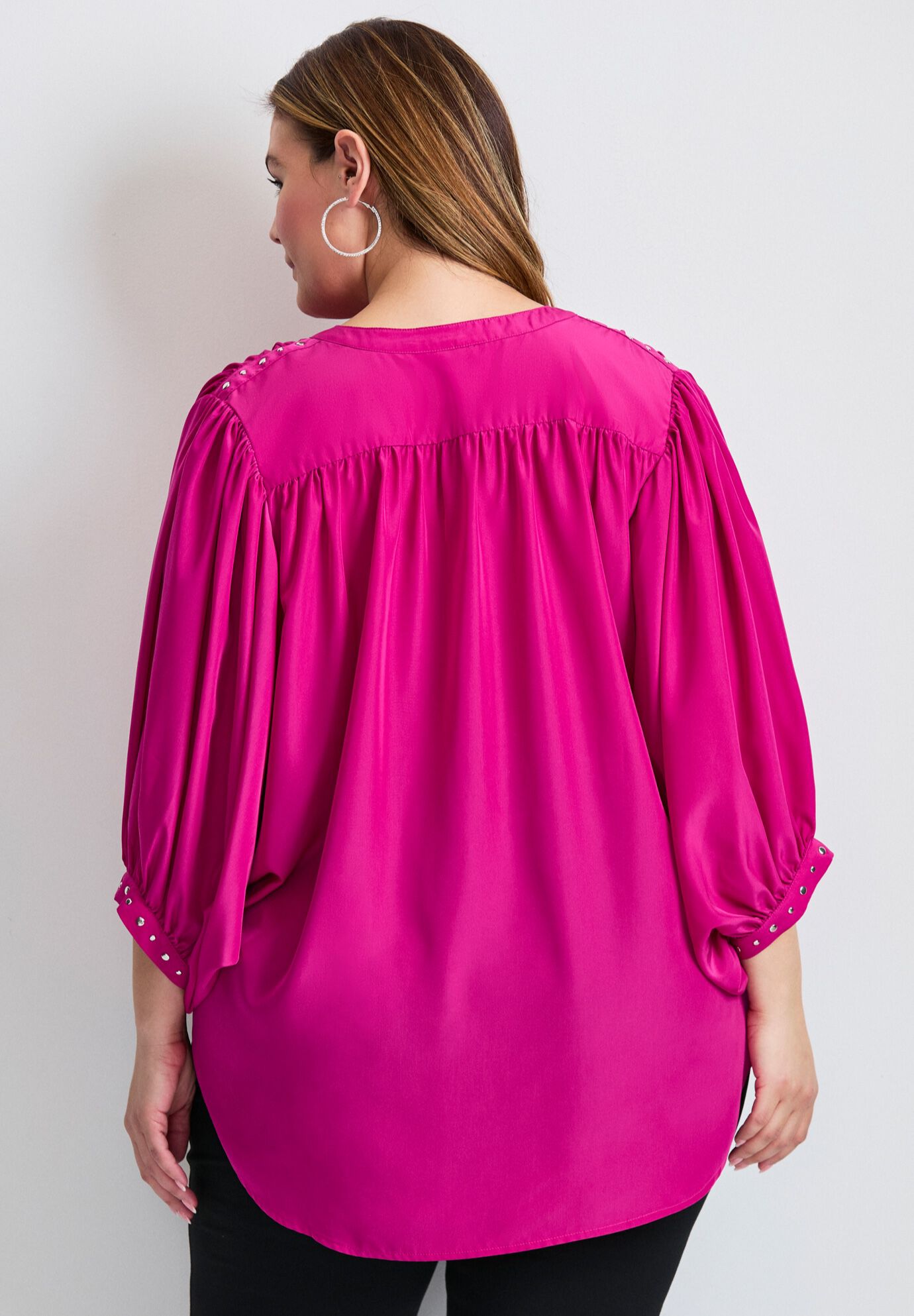 Studded Blouson Sleeve Blouse, RASPBERRY, alternate image number 2