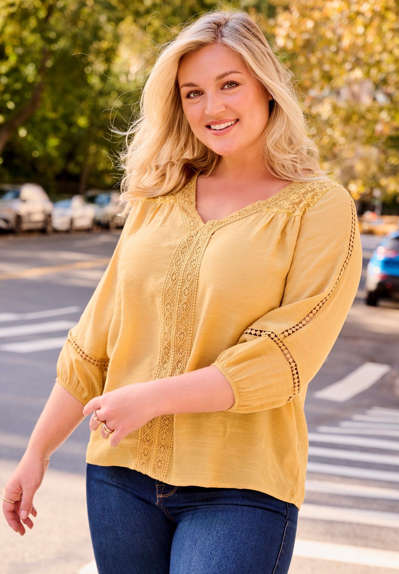 Embroidered Lace Detail Peasant Blouse, SUNFLOWER, hi-res image number 0