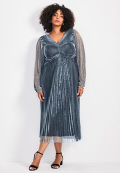 Pleated Plisse Blouson Sleeve Dress