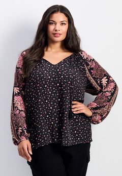 Eliana Border Print Sleeve Peasant Top