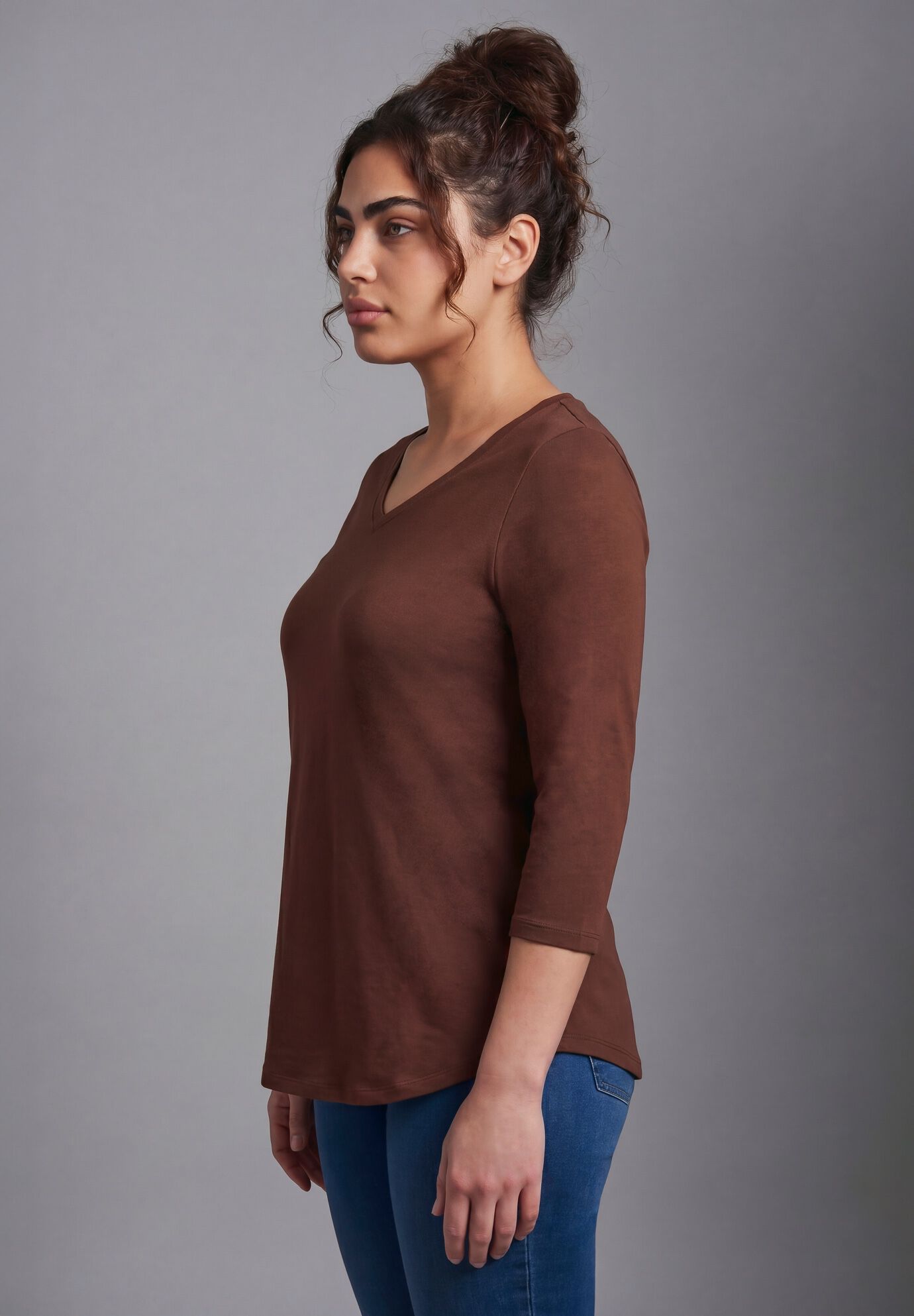 Signature 3/4 Sleeve V-Neck Tee, RICH MOCHA, alternate image number 2