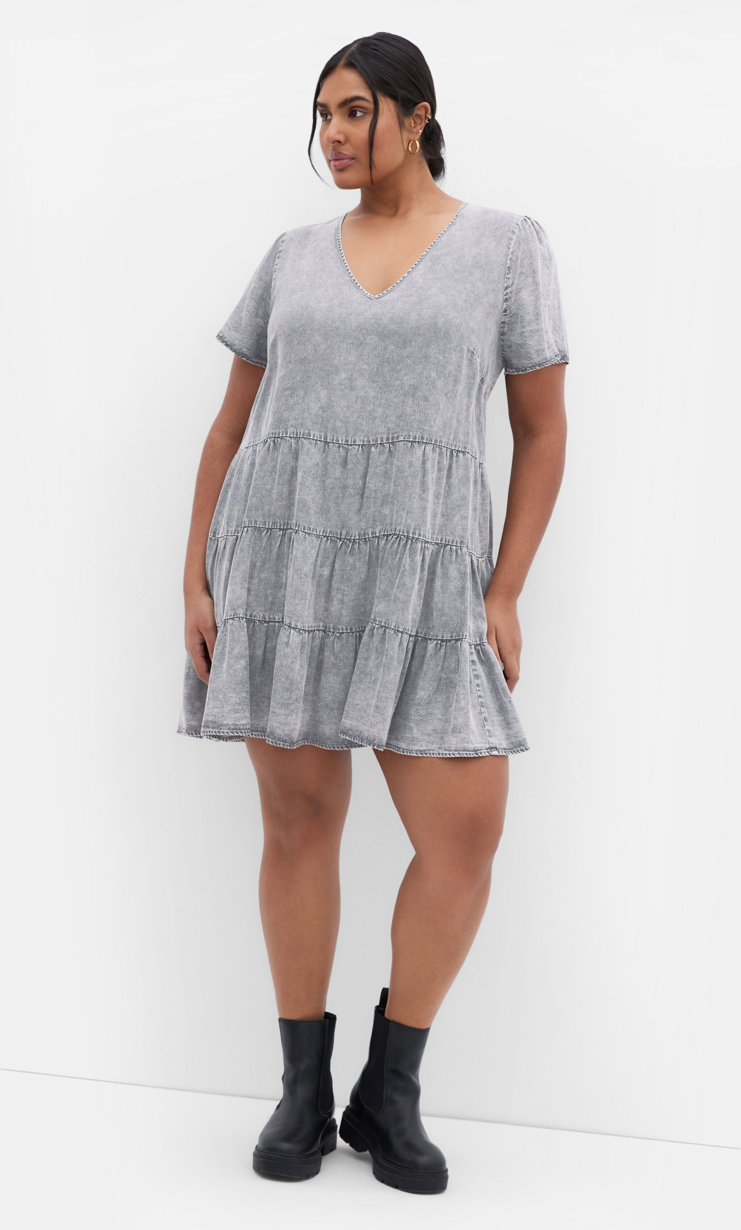 Denim Tier Dress - grey wash, GRAY, alternate image number 1