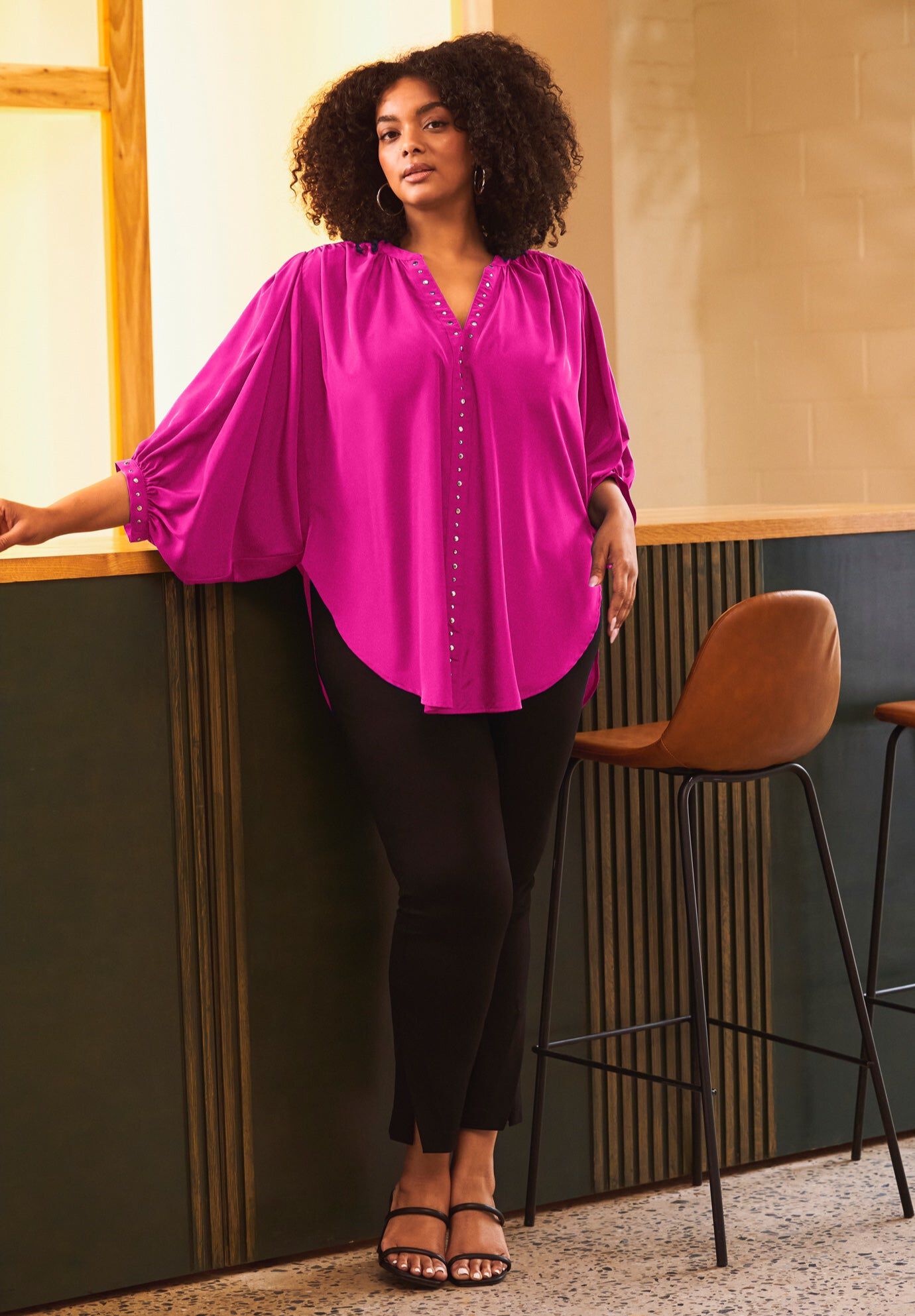 Studded Blouson Sleeve Blouse, RASPBERRY, hi-res image number 0