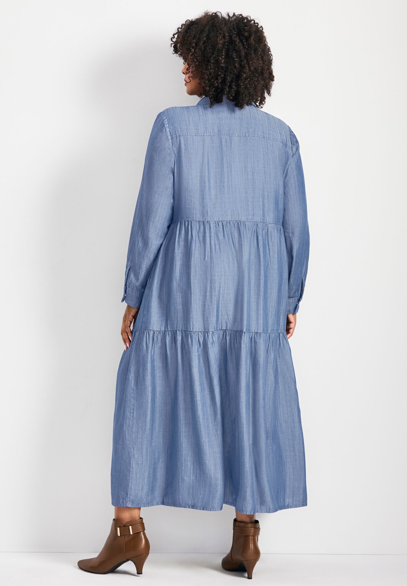 Denim Tiered Shirtdress, MID WASH, alternate image number 2