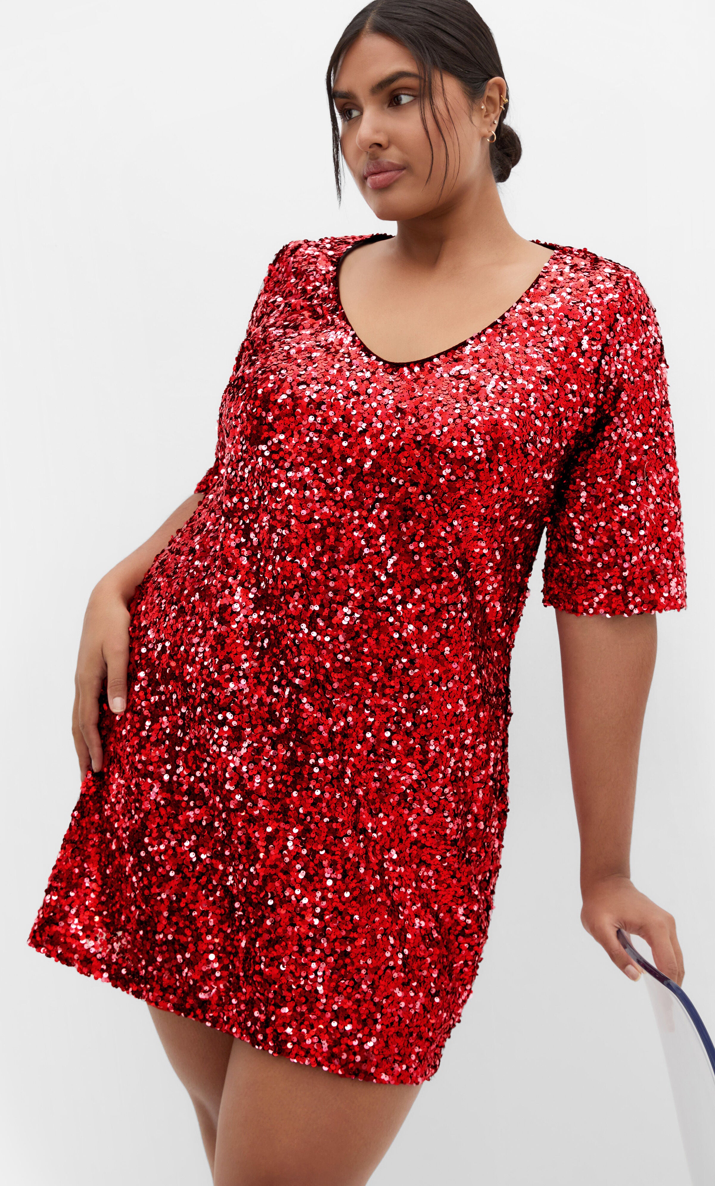 Sequin V Neck Glam Dress - crimson, RED, alternate image number 1