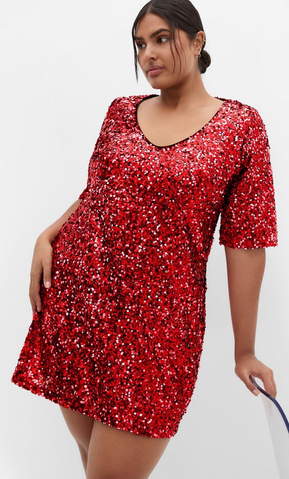 Sequin V Neck Glam Dress - crimson, RED, alternate image number 1