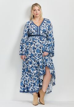 Plus Size V Neck Maxi Bodycon Evening Dress with Flare Sleeves