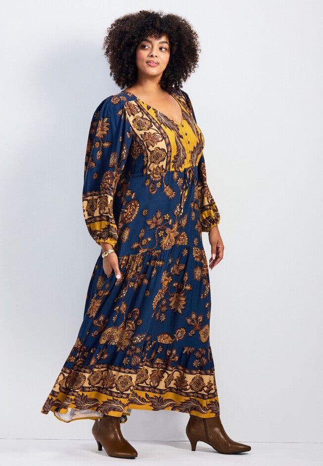 Ellery Placement Print Tiered Maxi Dress, NAVY BORDER, alternate image number null