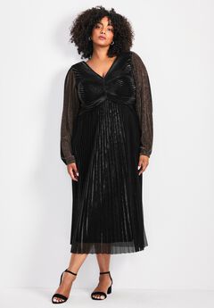 Pleated Plisse Blouson Sleeve Dress