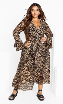 Plunge Frill Print Maxi Dress - leopard
