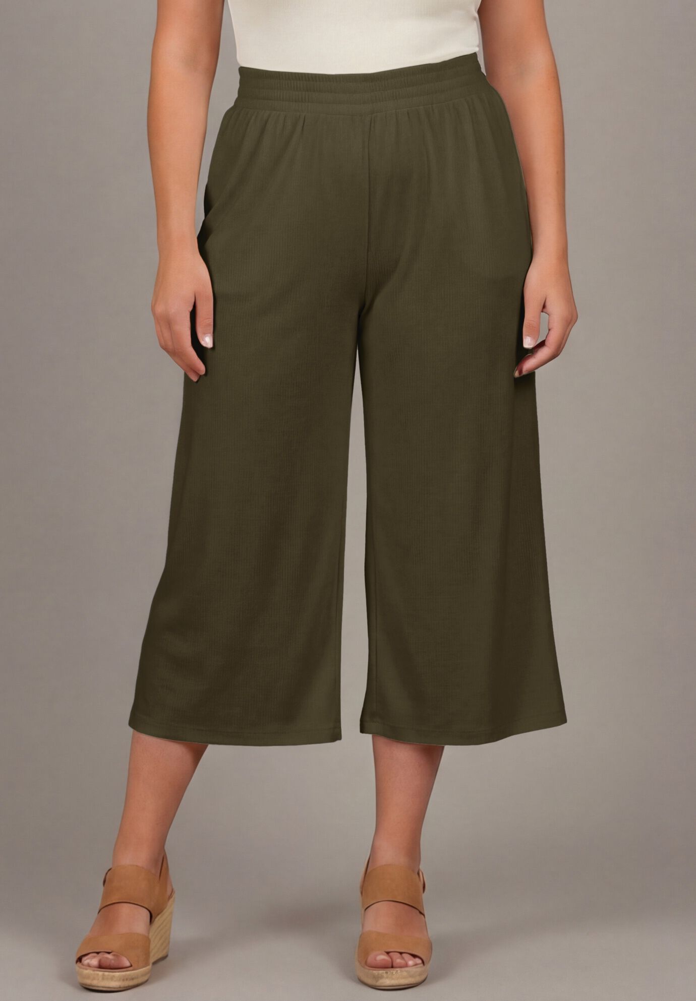 Knit Gauze Smocked Wide-Leg Crop, OLIVE GREEN, alternate image number 2