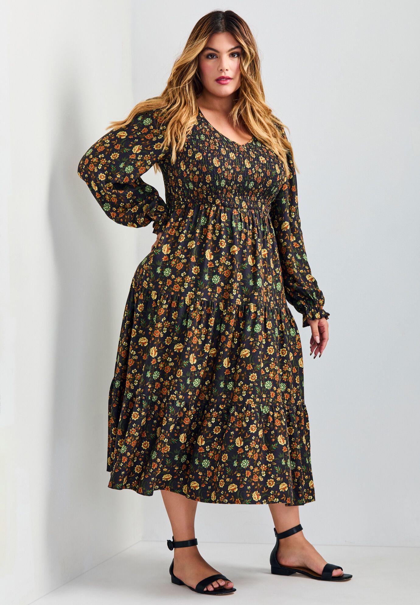 Indi Puff Sleeve Shirred Dress, JACOBEAN, alternate image number 2