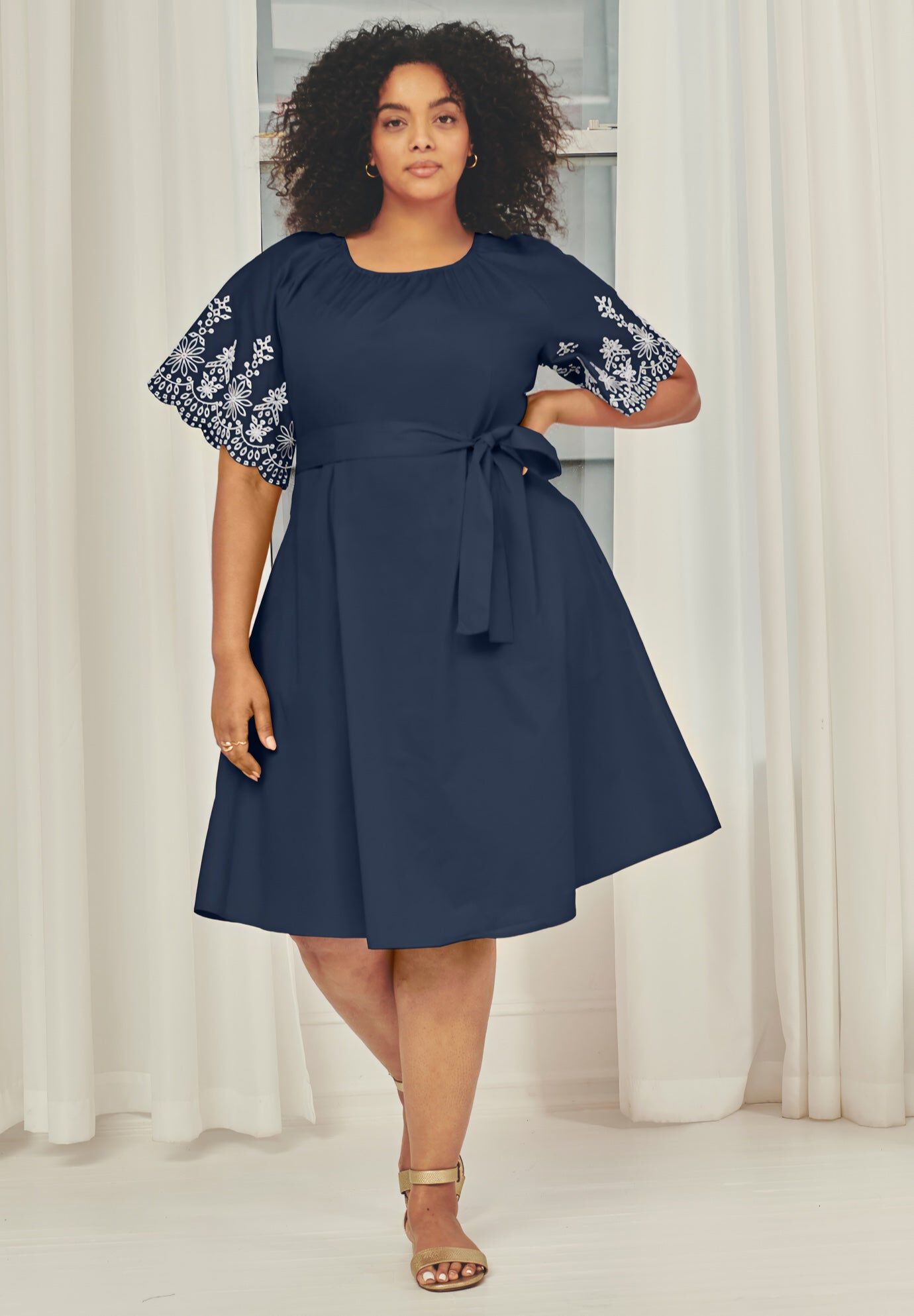 Eyelet Embroidered Midi Dress, BLUE SCALLOP EYELET, hi-res image number 0