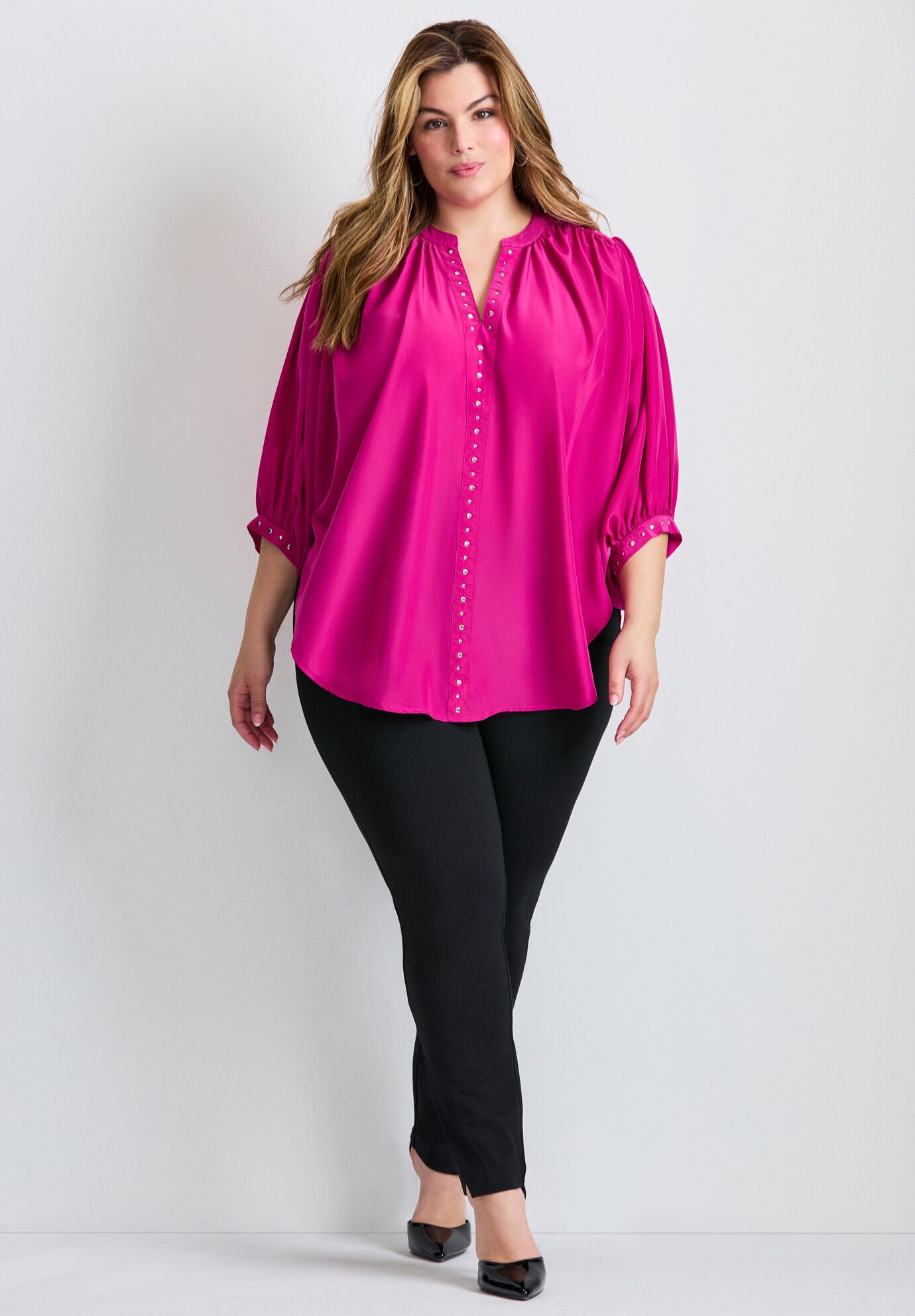 Studded Blouson Sleeve Blouse, RASPBERRY, on-hover image number 1
