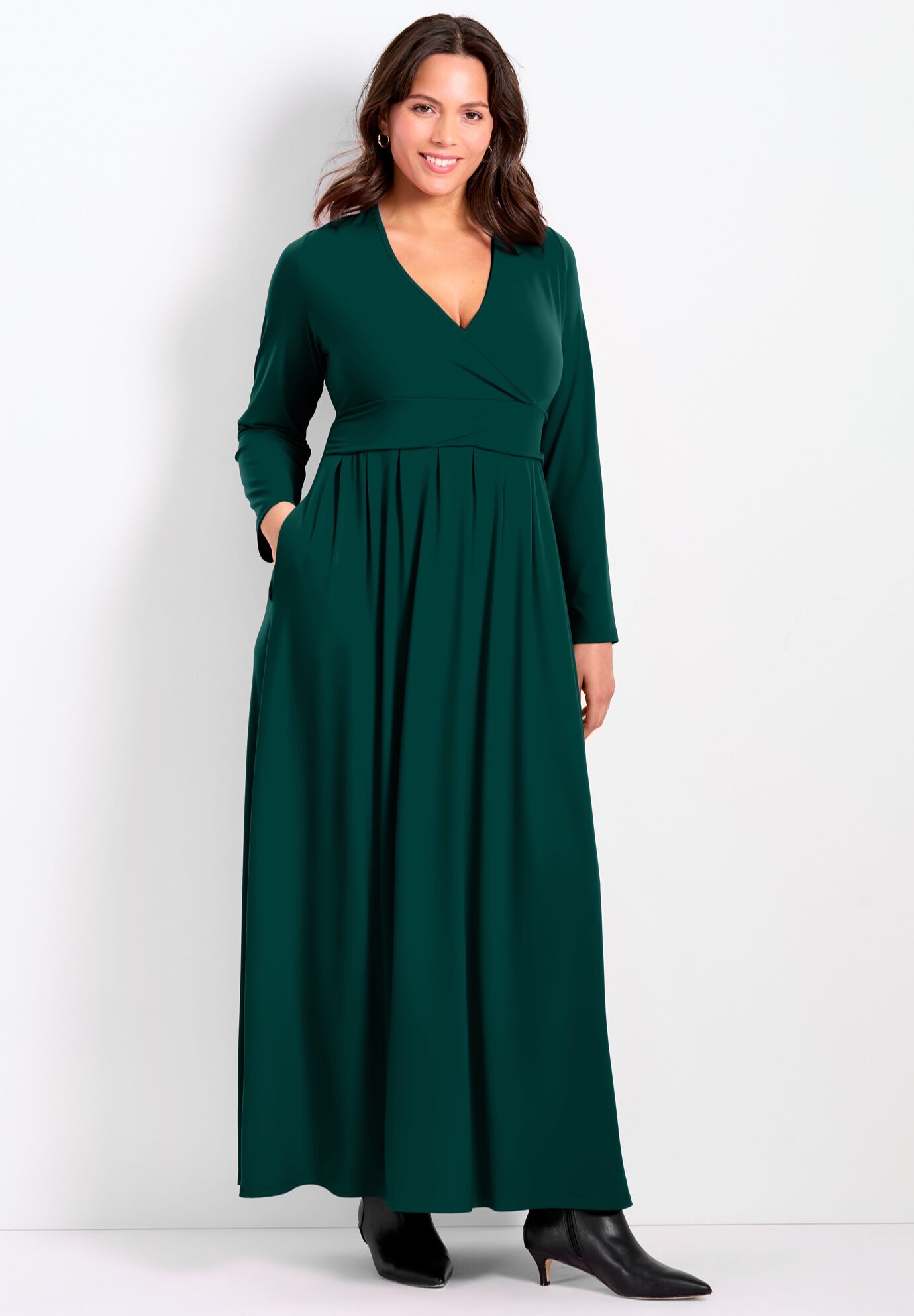 Faux Wrap Flare Maxi Dress, EMERALD GREEN, alternate image number 2