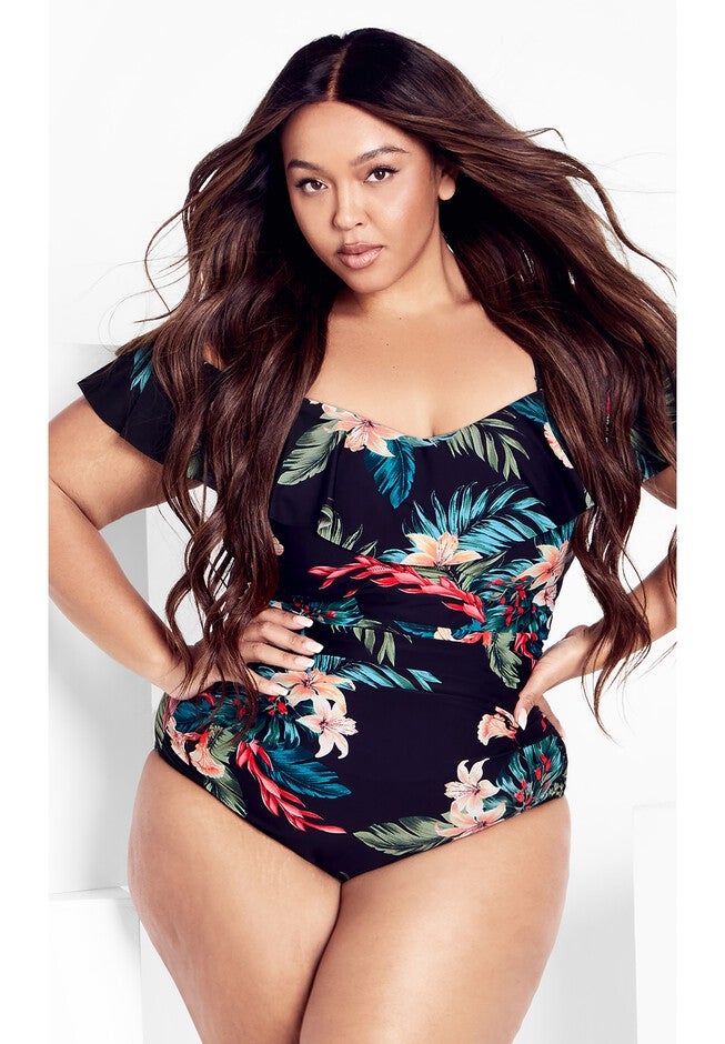 Ingrid Ruffle Print 1 Piece - black, BLACK, hi-res image number 0